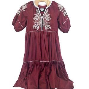 A+ Anthropologie Womens 1X Burgundy Embroidered Tiered Cotton Midi Dress Boho